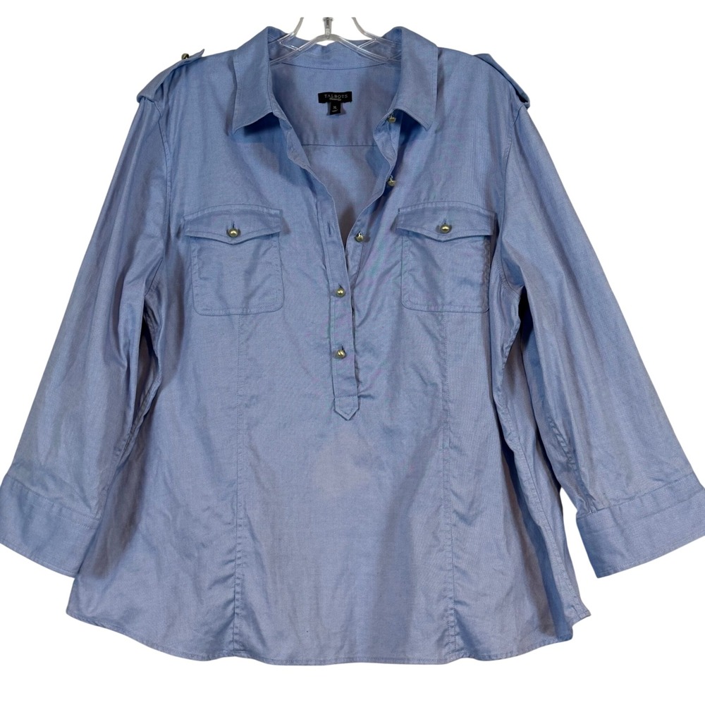 Talbots Womens XL Blue Cotton Oxford Roll Tab Sleeve Utility Popover Blouse